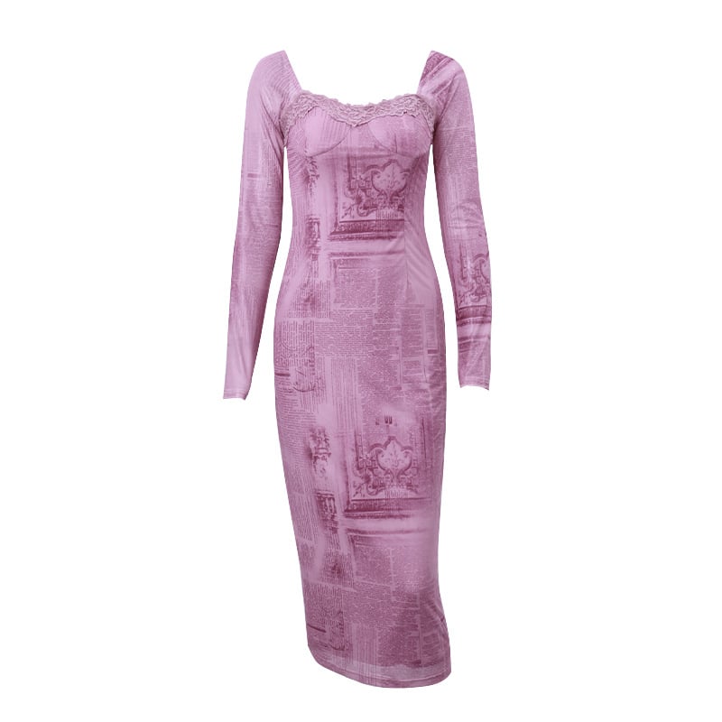 Square Collar Retro Slim-fit Long-sleeve Dress